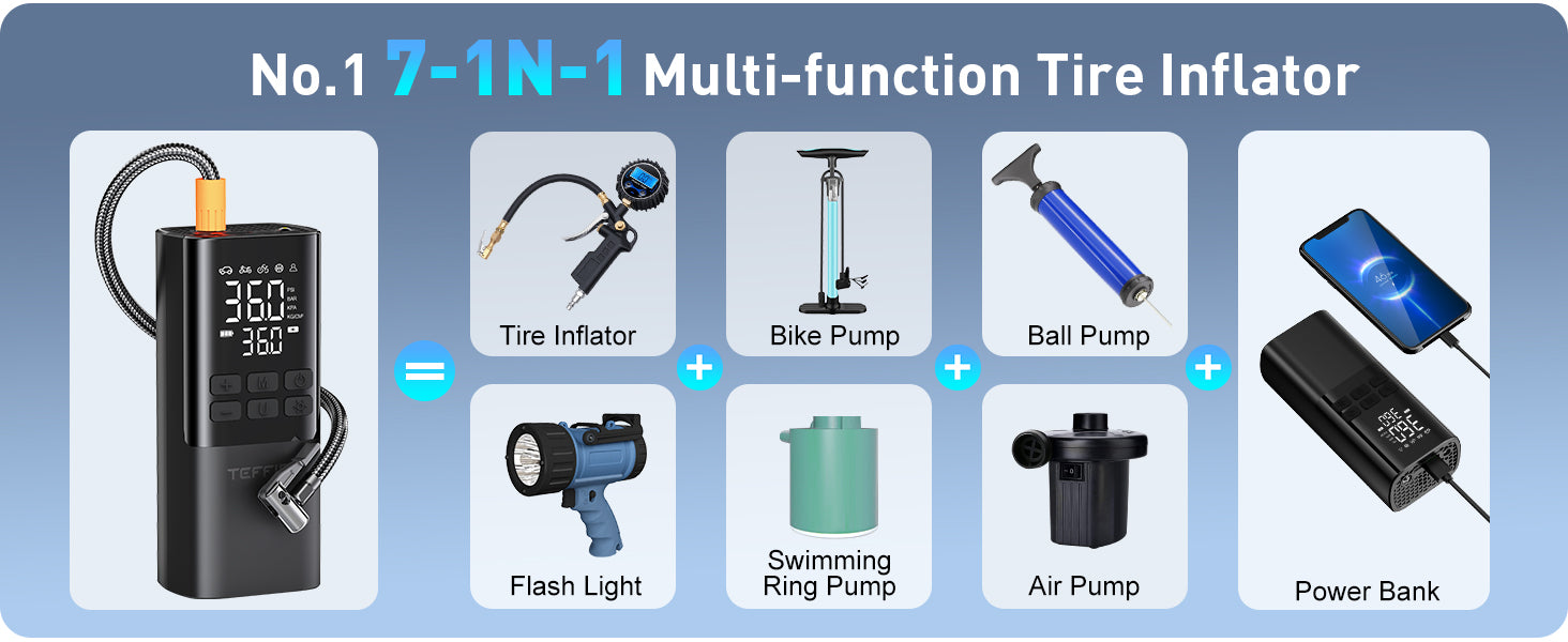teffim portable tire inflator for car with digital pressure gauge.
150psi cordless air compressor with rechargeable 15000mAh battery.
compact tire inflator pump for car, bike, motorcycle, and sports balls.
mini electric air pump with auto shut-off and LCD screen

fast car tire inflator 150psi with emergency LED flashlight

handheld tire air compressor for suv, sedans, bikes, and inflatables

usb rechargeable portable air pump for travel and roadside emergency.
smart tire inflator with 5 inflation modes and