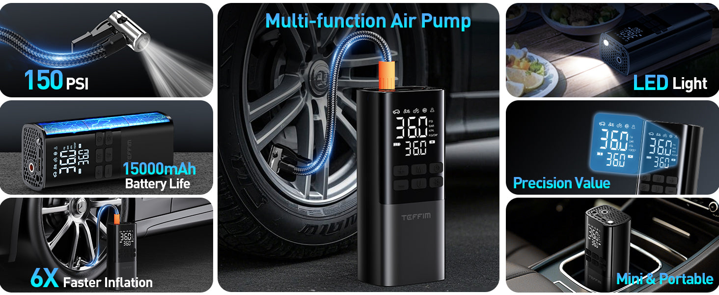 teffim portable tire inflator for car with digital pressure gauge. 150psi cordless air compressor with rechargeable 15000mAh battery. compact tire inflator pump for car, bike, motorcycle, and sports balls. mini electric air pump with auto shut-off and LCD screen. fast car tire inflator 150psi with emergency LED flashlight. handheld tire air compressor for suv, sedans, bikes, and inflatables. usb rechargeable portable air pump for travel and roadside emergency. smart tire inflator with 5 inflation modes and