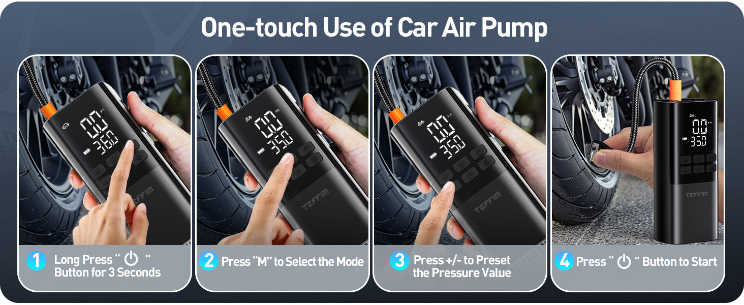 teffim portable tire inflator for car with digital pressure gauge. 150psi cordless air compressor with rechargeable 15000mAh battery. compact tire inflator pump for car, bike, motorcycle, and sports balls. mini electric air pump with auto shut-off and LCD screen. fast car tire inflator 150psi with emergency LED flashlight. handheld tire air compressor for suv, sedans, bikes, and inflatables. usb rechargeable portable air pump for travel and roadside emergency. smart tire inflator with 5 inflation modes and
