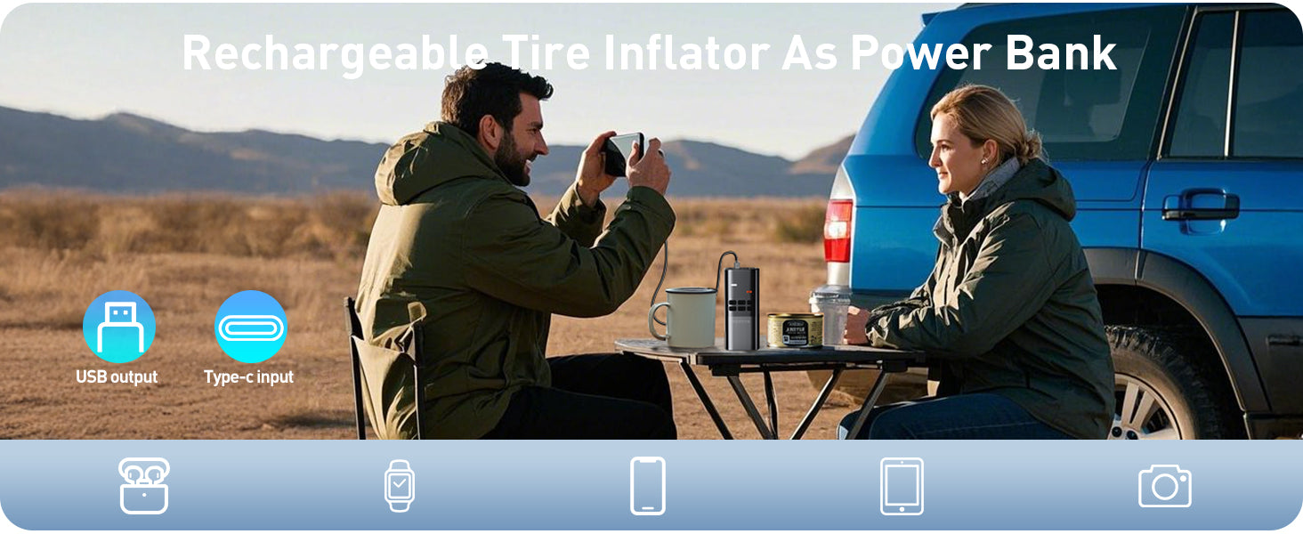 teffim portable tire inflator for car with digital pressure gauge. 150psi cordless air compressor with rechargeable 15000mAh battery. compact tire inflator pump for car, bike, motorcycle, and sports balls. mini electric air pump with auto shut-off and LCD screen. fast car tire inflator 150psi with emergency LED flashlight. handheld tire air compressor for suv, sedans, bikes, and inflatables. usb rechargeable portable air pump for travel and roadside emergency. smart tire inflator with 5 inflation modes and
