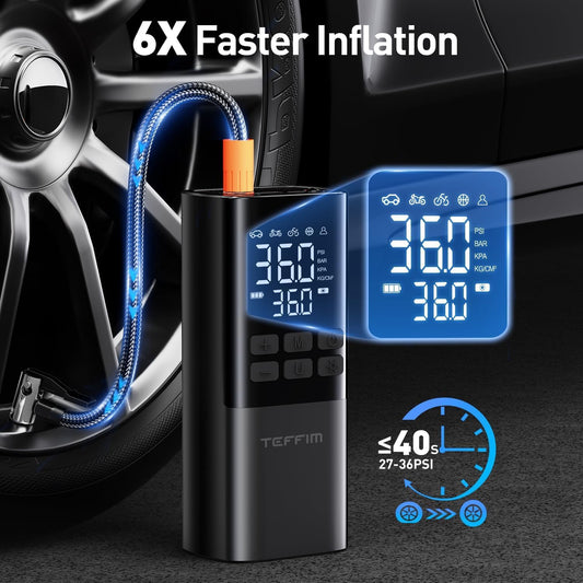 Teffim portable tire inflator 150PSI air compressor with digital display. Compact cordless air pump for car tires with 15000mAh rechargeable battery. Handheld tire inflator pumping car tire with auto shut-off feature. Portable air compressor for cars, bikes, motorcycles, and sports balls. Teffim tire inflator with LED emergency light and pressure gauge. Small electric air pump inflating a bike tire outdoors. USB rechargeable tire inflator with 5 inflation modes and power bank. Compact tire pump stored in ca