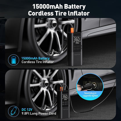 Teffim portable tire inflator 150PSI air compressor with digital display. Compact cordless air pump for car tires with 15000mAh rechargeable battery. Handheld tire inflator pumping car tire with auto shut-off feature. Portable air compressor for cars, bikes, motorcycles, and sports balls. Teffim tire inflator with LED emergency light and pressure gauge. Small electric air pump inflating a bike tire outdoors. USB rechargeable tire inflator with 5 inflation modes and power bank. Compact tire pump stored in ca