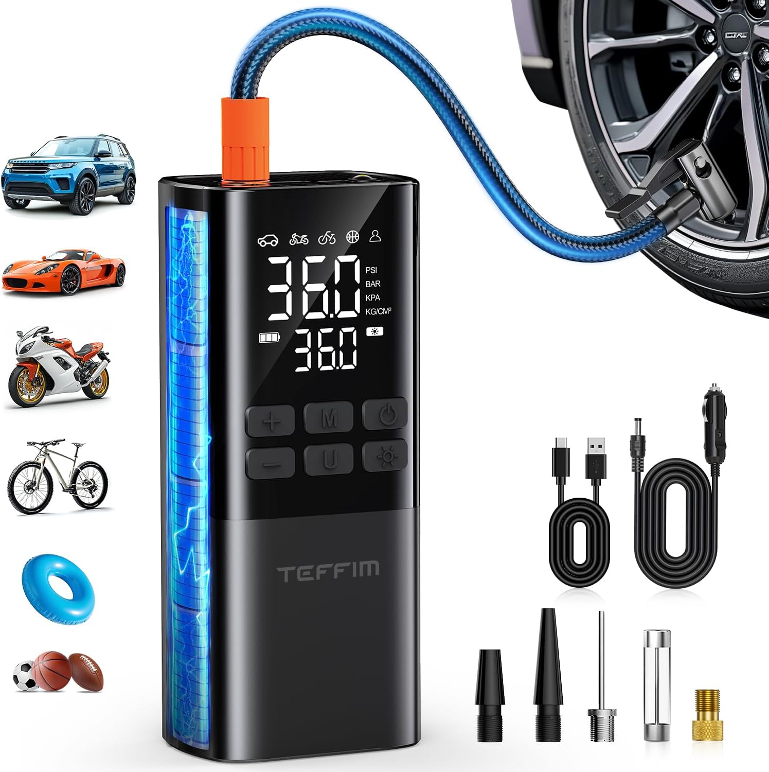 Teffim portable tire inflator 150PSI air compressor with digital display. Compact cordless air pump for car tires with 15000mAh rechargeable battery. Handheld tire inflator pumping car tire with auto shut-off feature. Portable air compressor for cars, bikes, motorcycles, and sports balls. Teffim tire inflator with LED emergency light and pressure gauge. Small electric air pump inflating a bike tire outdoors. USB rechargeable tire inflator with 5 inflation modes and power bank. Compact tire pump stored in ca