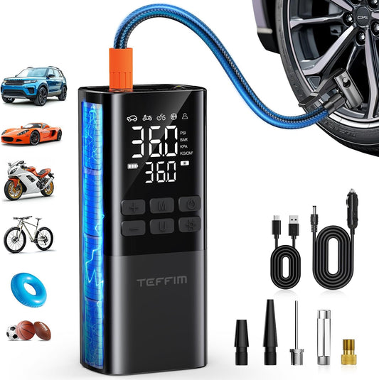 Teffim portable tire inflator 150PSI air compressor with digital display. Compact cordless air pump for car tires with 15000mAh rechargeable battery. Handheld tire inflator pumping car tire with auto shut-off feature. Portable air compressor for cars, bikes, motorcycles, and sports balls. Teffim tire inflator with LED emergency light and pressure gauge. Small electric air pump inflating a bike tire outdoors. USB rechargeable tire inflator with 5 inflation modes and power bank. Compact tire pump stored in ca